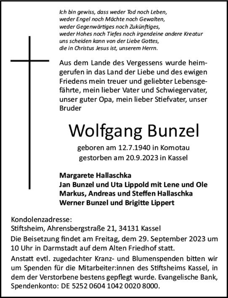  Traueranzeige für Wolfgang Bunzel vom 27.09.2023 aus Darmstädter Echo