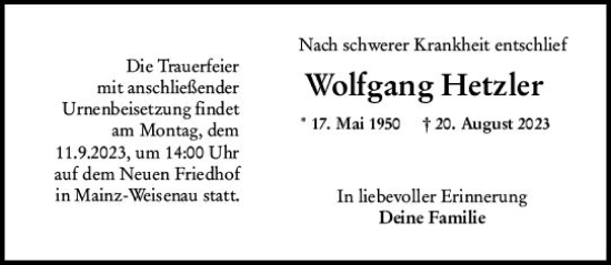Traueranzeige von Wolfgang Hetzler von Rüsselsheimer Echo