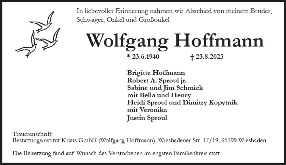  Traueranzeige für Wolfgang Hoffmann vom 23.09.2023 aus Wiesbadener Kurier