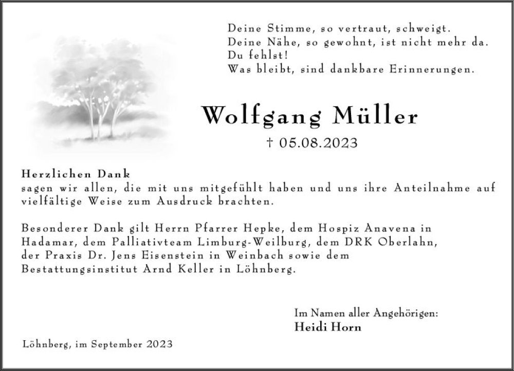  Traueranzeige für Wolfgang Müller vom 02.09.2023 aus Weilburger Tageblatt