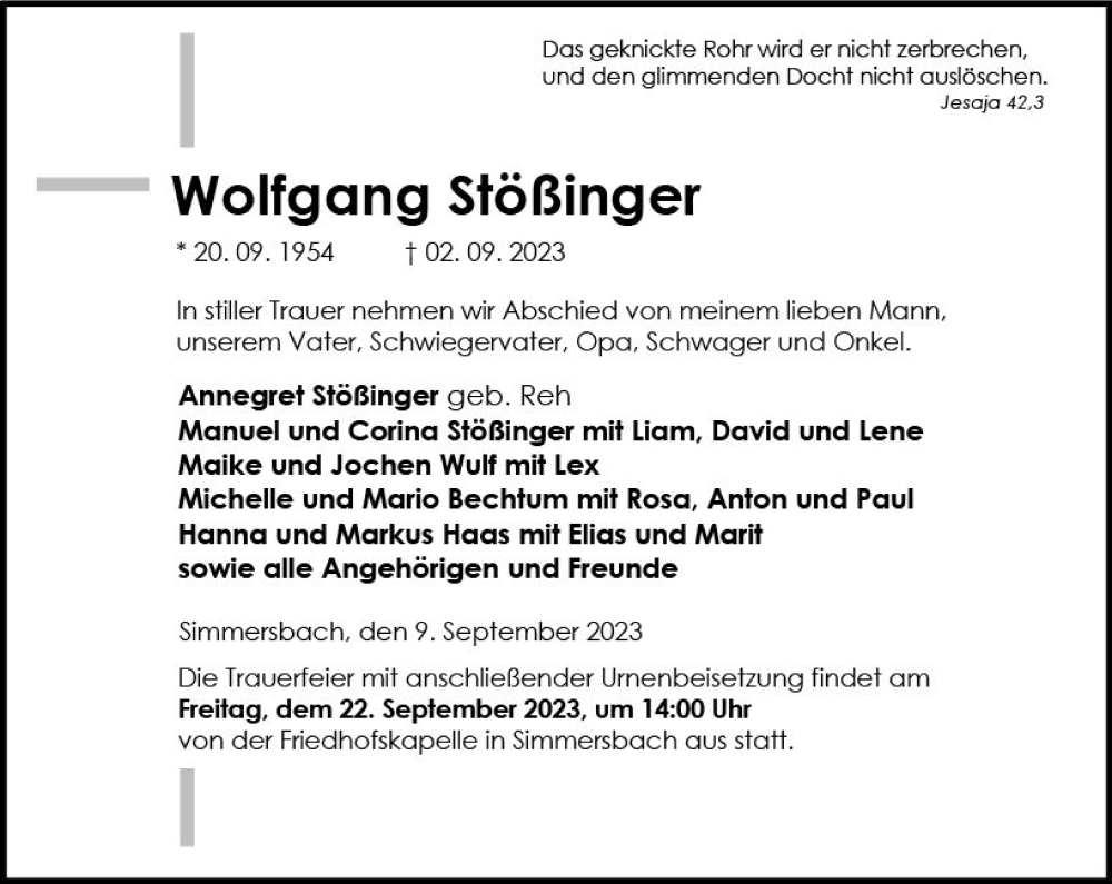  Traueranzeige für Wolfgang Stößinger vom 09.09.2023 aus Dill Block