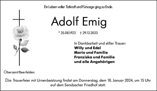Traueranzeige von Adolf Emig von Odenwälder Echo
