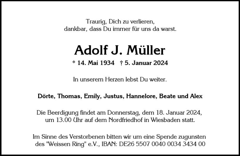  Traueranzeige für Adolf  Müller vom 13.01.2024 aus Wiesbadener Kurier