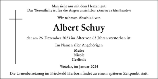 Traueranzeige von Albert Schuy von Hinterländer Anzeiger