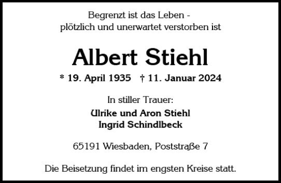 Traueranzeige von Albert Stiehl von Wiesbadener Kurier