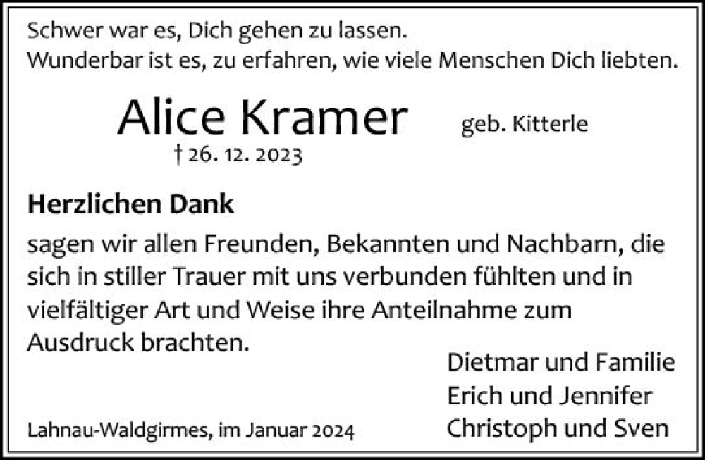  Traueranzeige für Alice Kramer vom 20.01.2024 aus Wetzlarer Neue Zeitung
