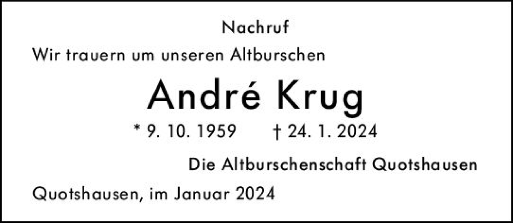  Traueranzeige für Andre Krug vom 29.01.2024 aus Hinterländer Anzeiger