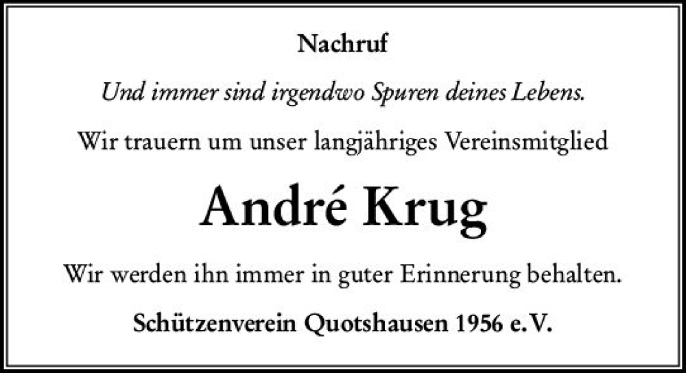 Traueranzeige für Andre Krug vom 29.01.2024 aus Hinterländer Anzeiger