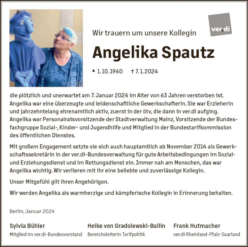  Traueranzeige für Angelika Spautz vom 13.01.2024 aus Allgemeine Zeitung Mainz