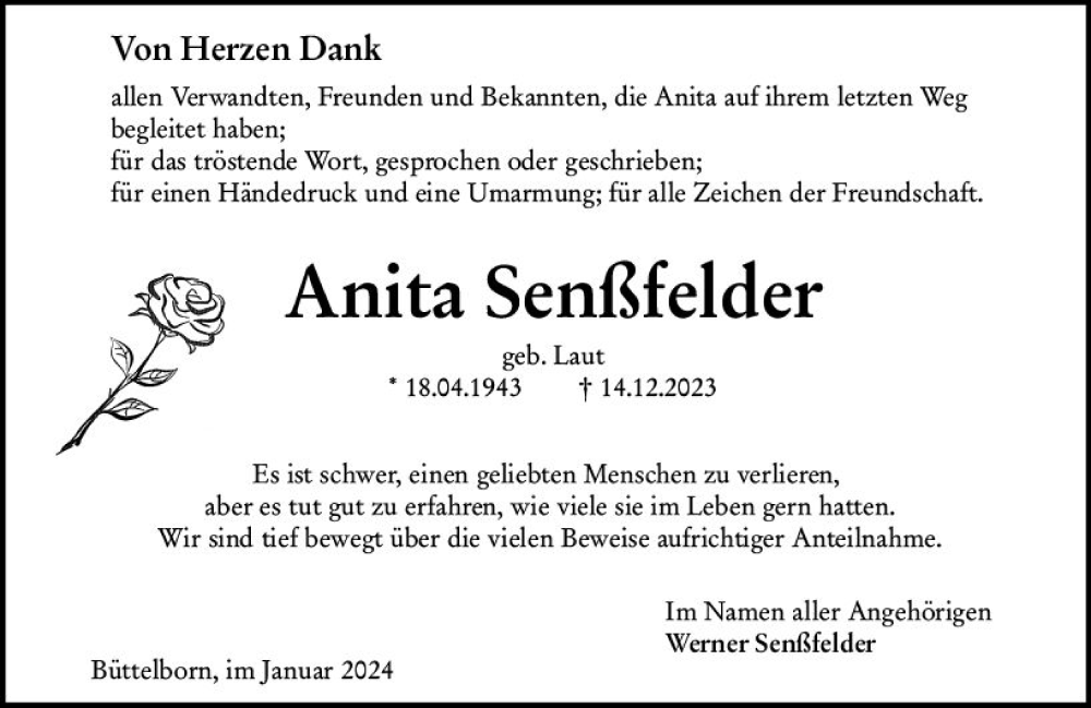  Traueranzeige für Anita Senßfelder vom 13.01.2024 aus Groß-Gerauer Echo