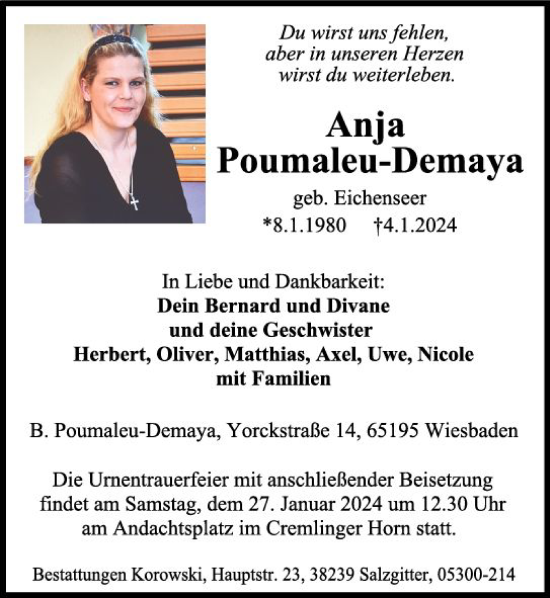 Traueranzeige von Anja Poumaleu-Demaya von Wiesbadener Kurier