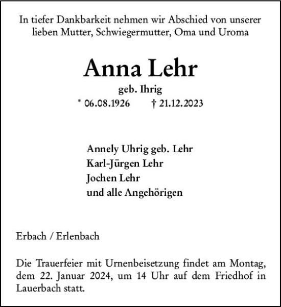 Traueranzeige von Anna Lehr von Odenwälder Echo