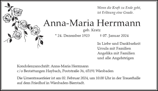 Traueranzeige von Anna-Maria Herrmann von Wiesbadener Kurier