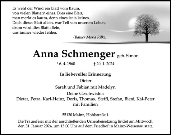 Traueranzeige von Anna Schmenger von Allgemeine Zeitung Mainz
