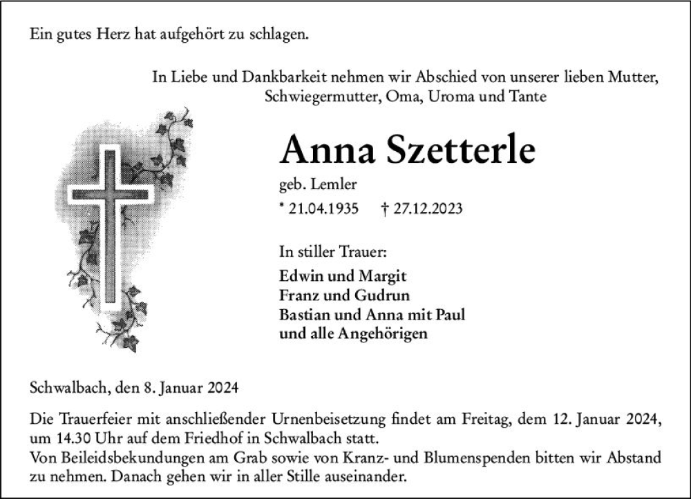  Traueranzeige für Anna Szetterle vom 08.01.2024 aus Wetzlarer Neue Zeitung