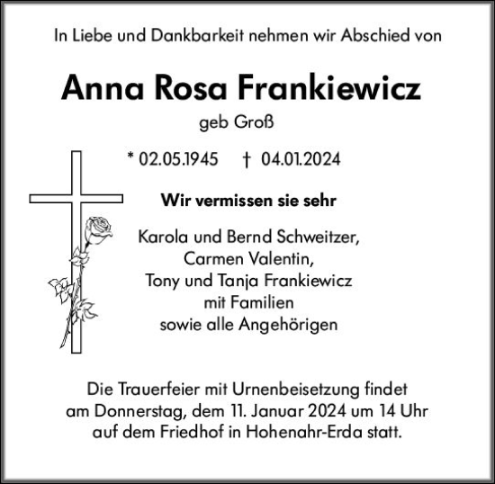 Traueranzeige von Anna Rosa Frankiewicz von Wetzlarer Neue Zeitung