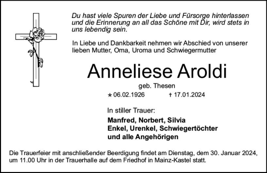 Traueranzeige von Anneliese Aroldi von Allgemeine Zeitung Mainz