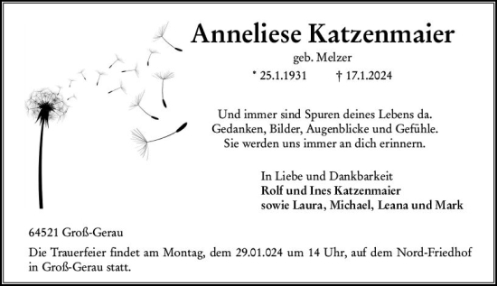 Traueranzeige von Anneliese Katzenmaier von Groß-Gerauer Echo