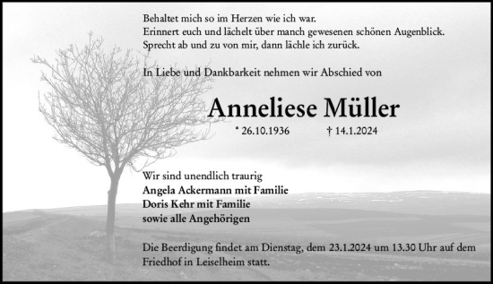 Traueranzeige von Anneliese Müller von Wormser Zeitung