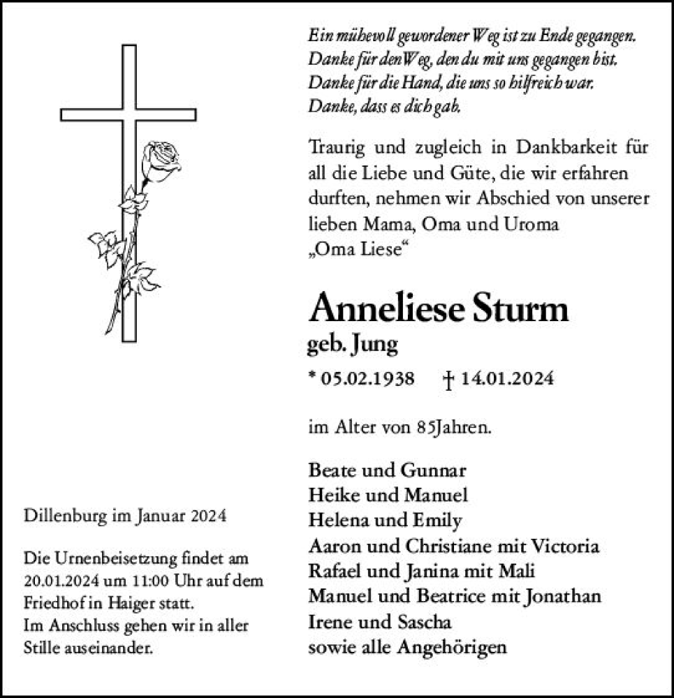  Traueranzeige für Anneliese Sturm vom 17.01.2024 aus Dill Block