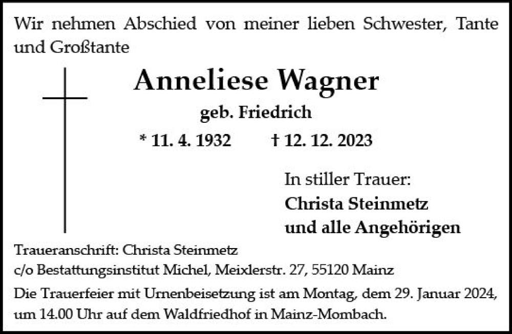  Traueranzeige für Anneliese Wagner vom 13.01.2024 aus Allgemeine Zeitung Mainz
