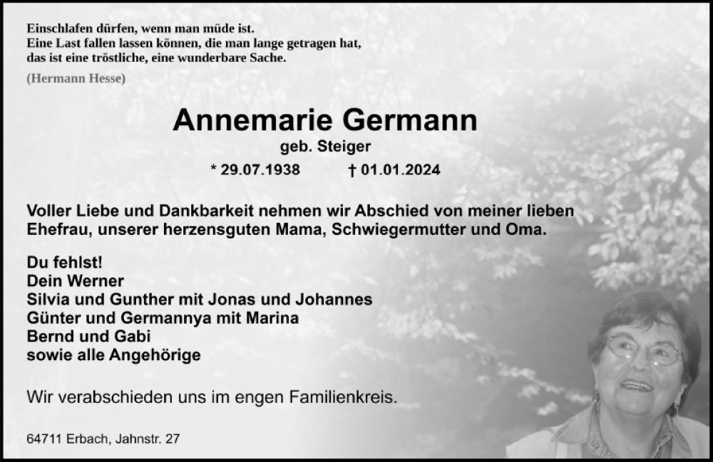  Traueranzeige für Annemarie Germann vom 13.01.2024 aus Odenwälder Echo