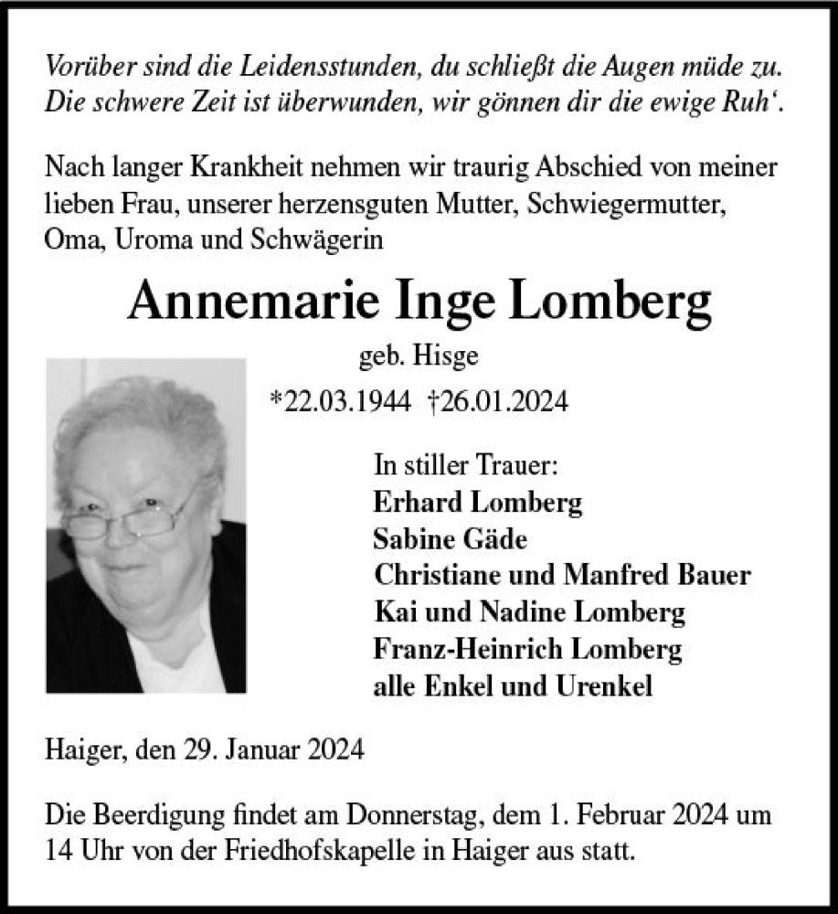  Traueranzeige für Annemarie Inge Lomberg vom 29.01.2024 aus Dill Block