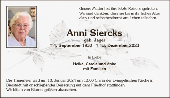 Traueranzeige von Anni Siercks von Wiesbadener Kurier