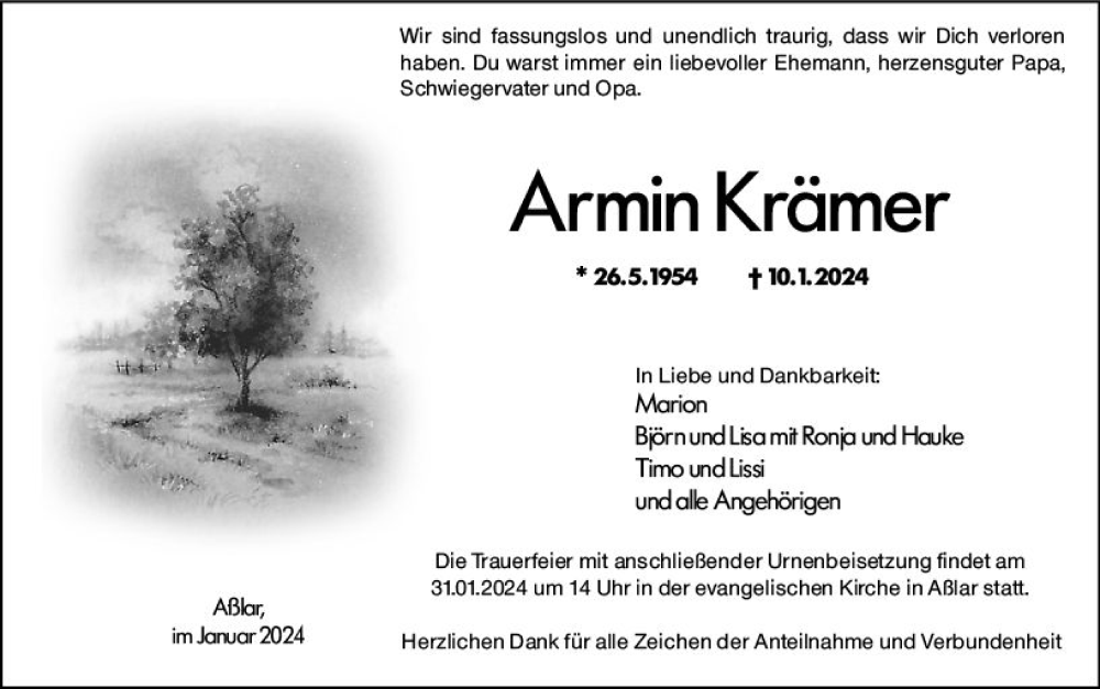  Traueranzeige für Armin Krämer vom 27.01.2024 aus Wetzlarer Neue Zeitung