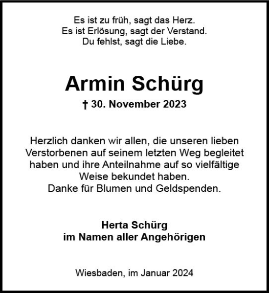 Traueranzeige von Armin Schürg von Wiesbadener Kurier