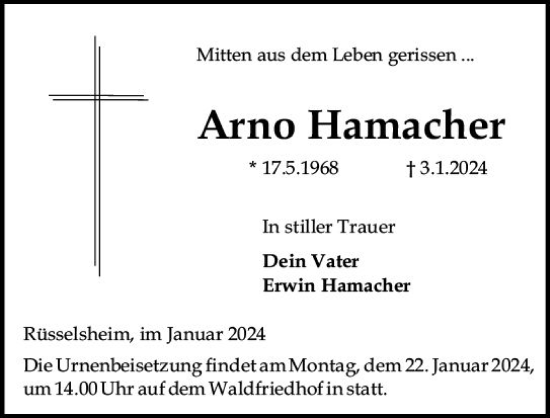Traueranzeige von Arno Hamacher von Rüsselsheimer Echo