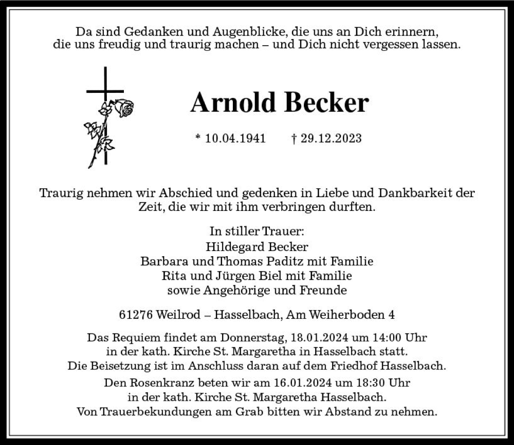 Traueranzeige für Arnold Becker vom 11.01.2024 aus Camberger Anzeiger