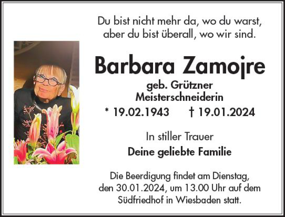  Traueranzeige für Barbara Zamojre vom 27.01.2024 aus Wiesbadener Kurier