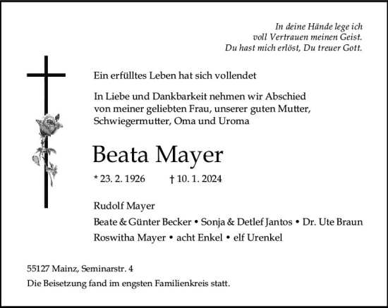Traueranzeige von Beata Mayer von Allgemeine Zeitung Mainz