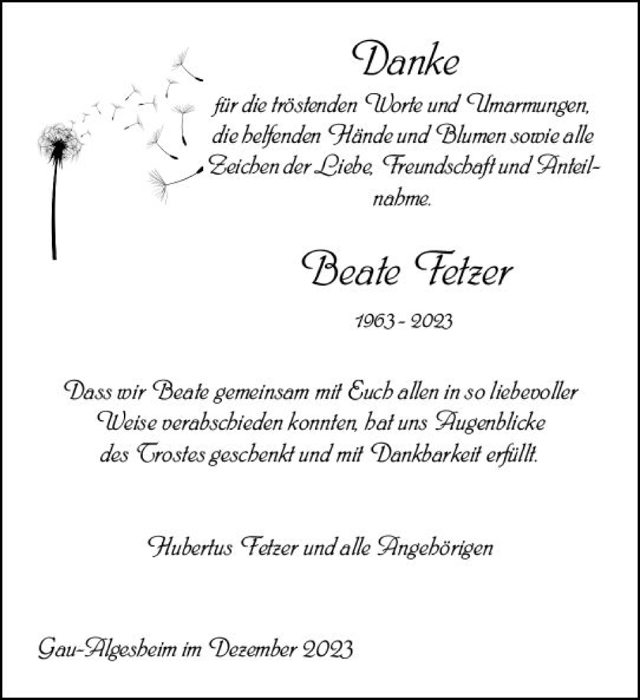  Traueranzeige für Beate Fetzer vom 20.01.2024 aus Allgemeine Zeitung Bingen/Ingelheim