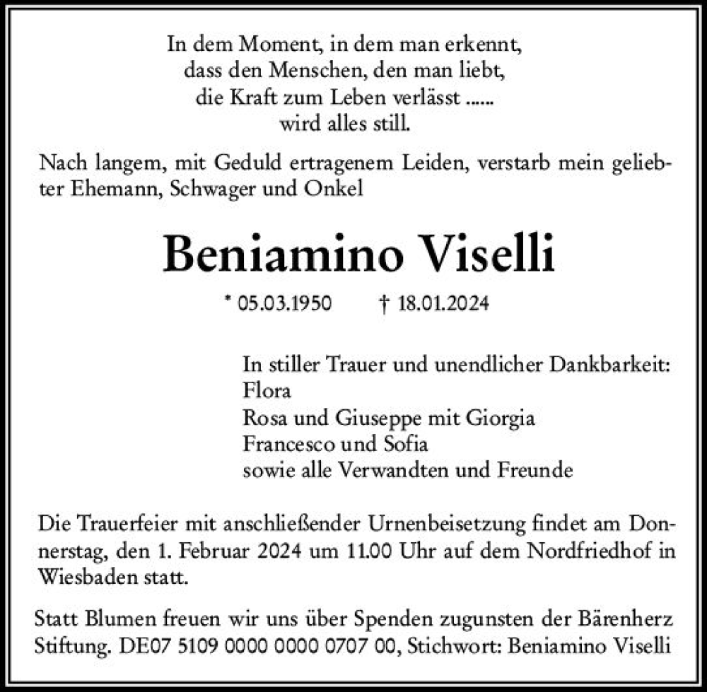  Traueranzeige für Beniamino Viselli vom 27.01.2024 aus Wiesbadener Kurier