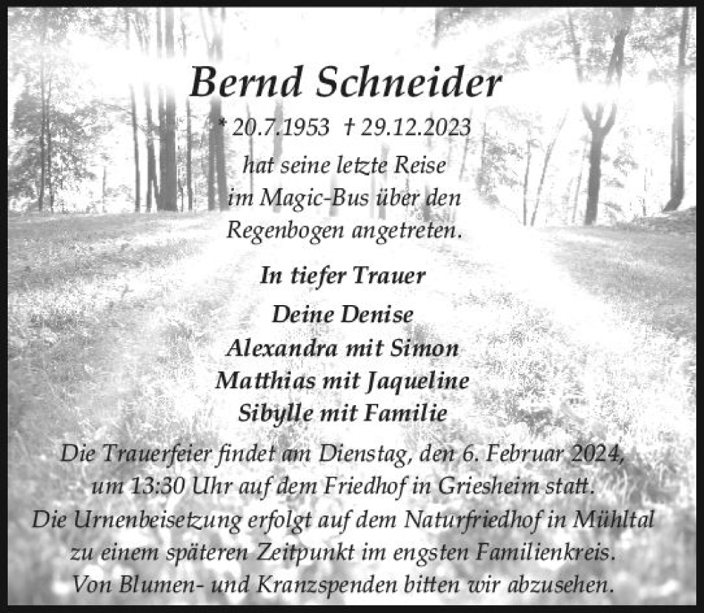  Traueranzeige für Bernd Schneider vom 20.01.2024 aus Darmstädter Echo
