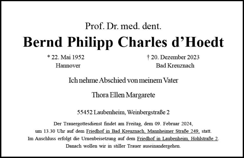  Traueranzeige für Bernd Philipp  Charles dHoedt vom 13.01.2024 aus Allgemeine Zeitung Mainz