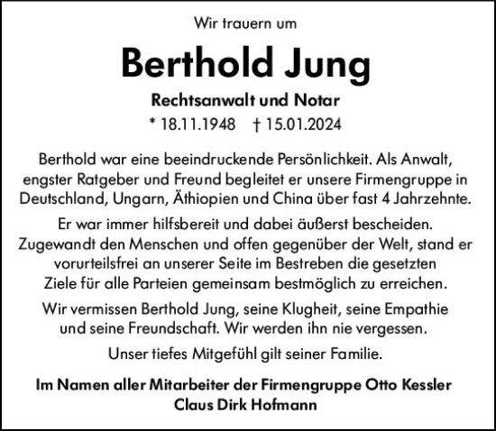 Traueranzeige von Berthold Jung von Wetzlarer Neue Zeitung