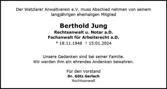 Traueranzeige von Berthold Jung von Wetzlarer Neue Zeitung