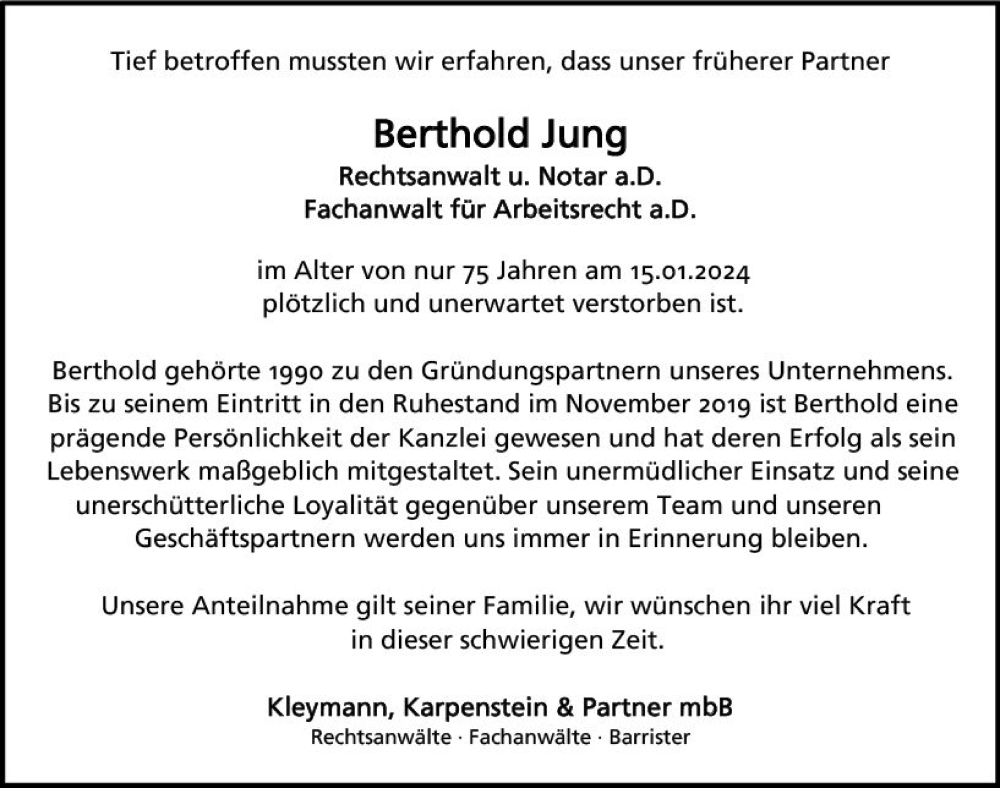  Traueranzeige für Berthold Jung vom 27.01.2024 aus Wetzlarer Neue Zeitung