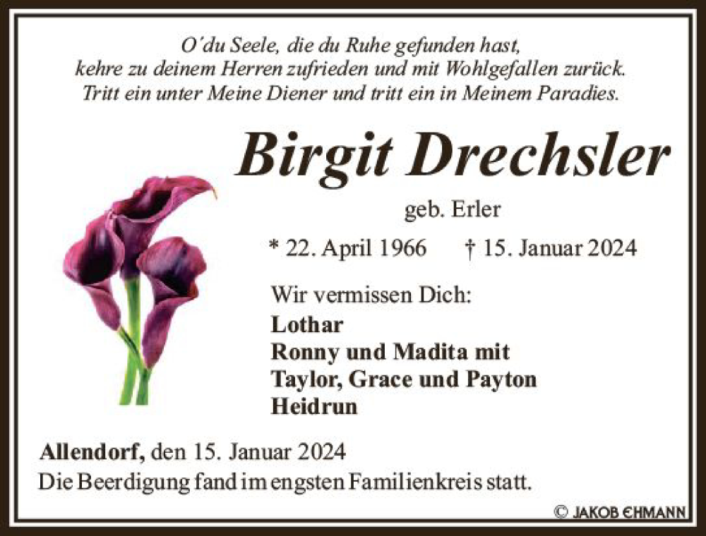  Traueranzeige für Birgit Drechsler vom 27.01.2024 aus Weilburger Tageblatt