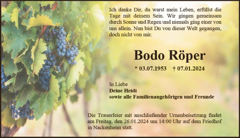  Traueranzeige für Bodo Röper vom 20.01.2024 aus Allgemeine Zeitung Mainz