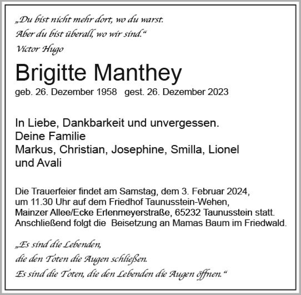  Traueranzeige für Brigitte Manthey vom 27.01.2024 aus Wiesbadener Kurier
