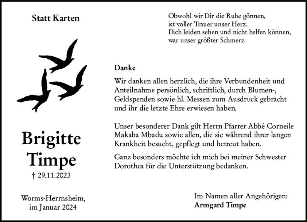  Traueranzeige für Brigitte Timpe vom 24.01.2024 aus Wormser Zeitung