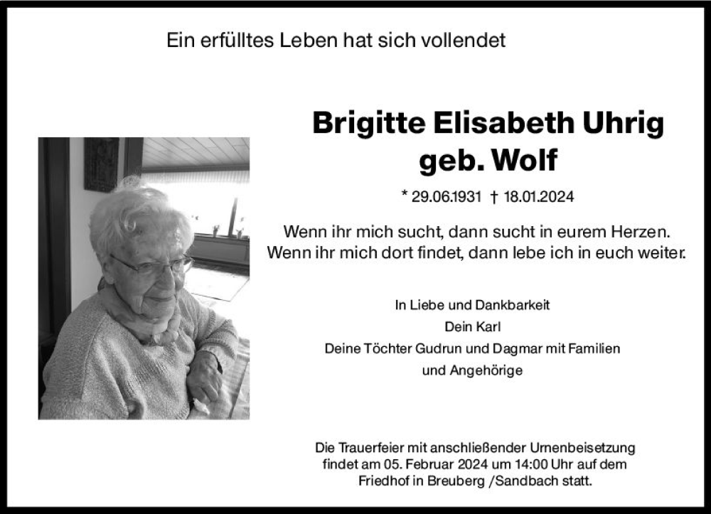  Traueranzeige für Brigitte Elisabeth Uhrig vom 27.01.2024 aus Odenwälder Echo