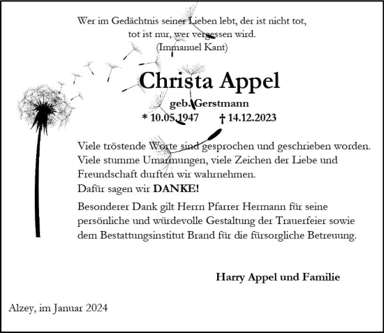 Traueranzeige von Christa Appel von Allgemeine Zeitung Alzey