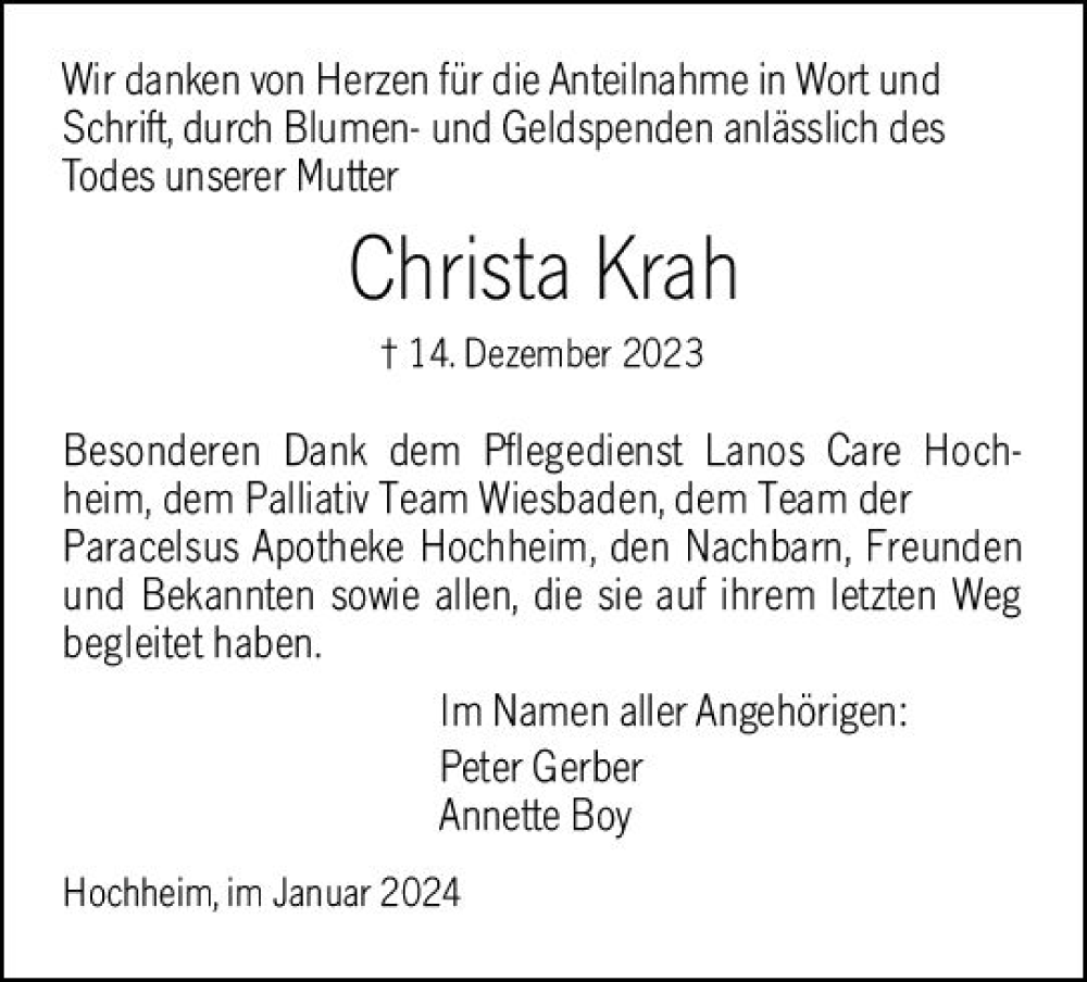  Traueranzeige für Christa Krah vom 26.01.2024 aus Hochheimer Zeitung