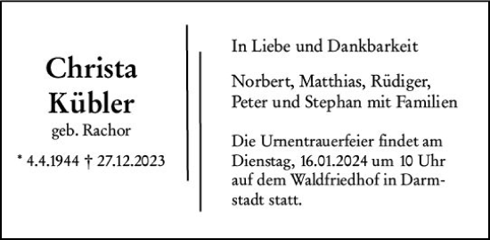 Traueranzeige von Christa Kübler von Darmstädter Echo