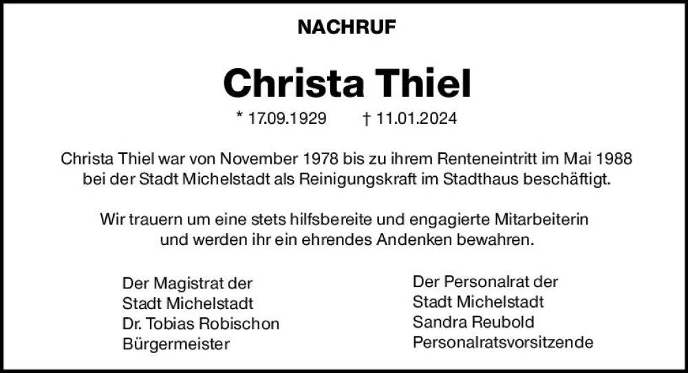  Traueranzeige für Christa Thiel vom 31.01.2024 aus Odenwälder Echo